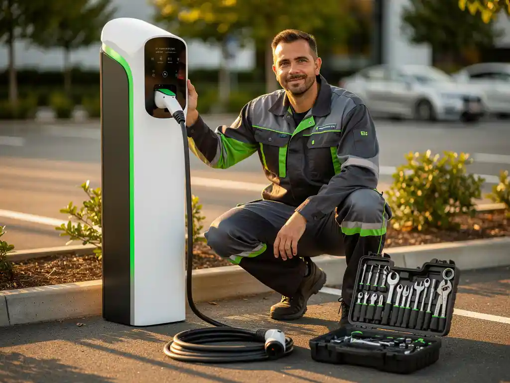 Installateur naast een witte EV-laadpaal in een commerciële parkeerplaats, gereedschapstas aan zijn voeten, gouden uurtje belichting.