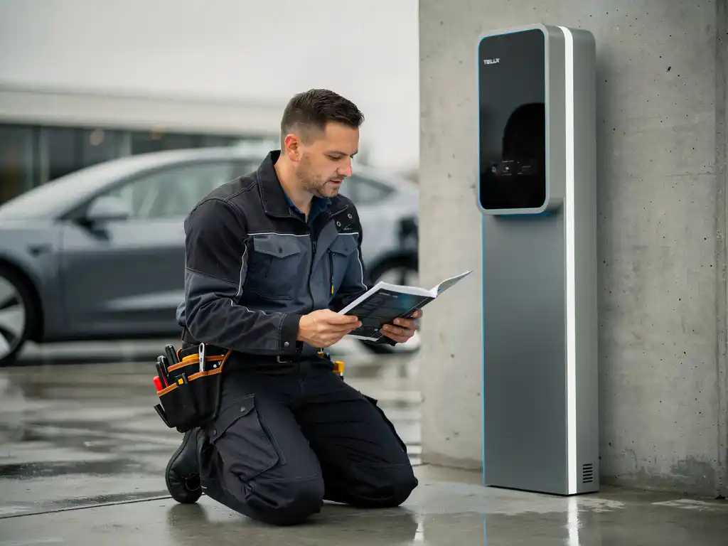 Elektricien knielt bij een moderne EV-laadpaal op een commercieel terrein en bestudeert een technische handleiding.