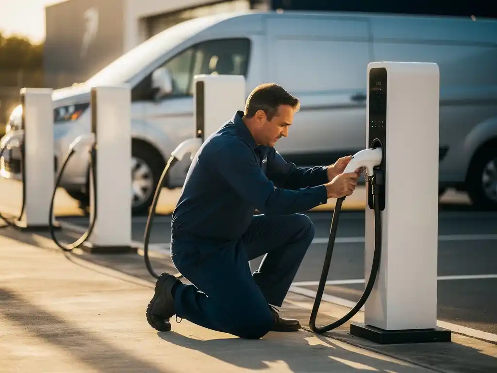 Technicus in marineblauw uniform installeert EV-laadpaal op commercieel terrein, elektrische bestelwagen op achtergrond.