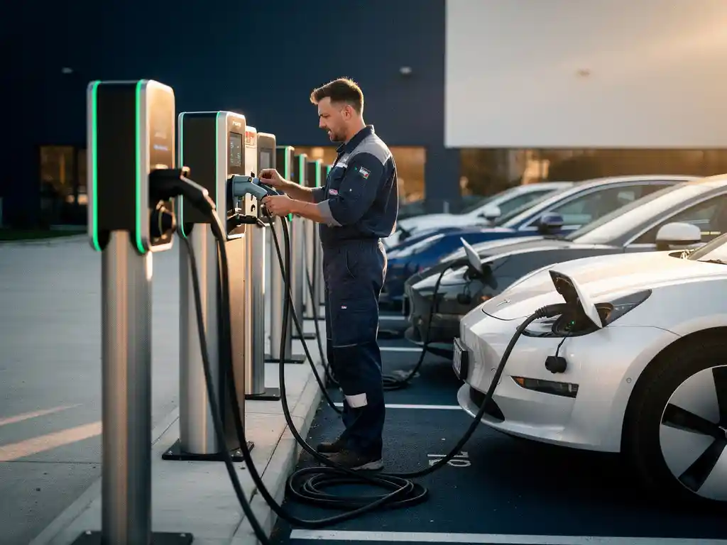 Elektricien installeert slim laadbeheerpaneel bij een rij EV-laders op een commercieel parkeerterrein, meerdere elektrische auto's aangesloten.