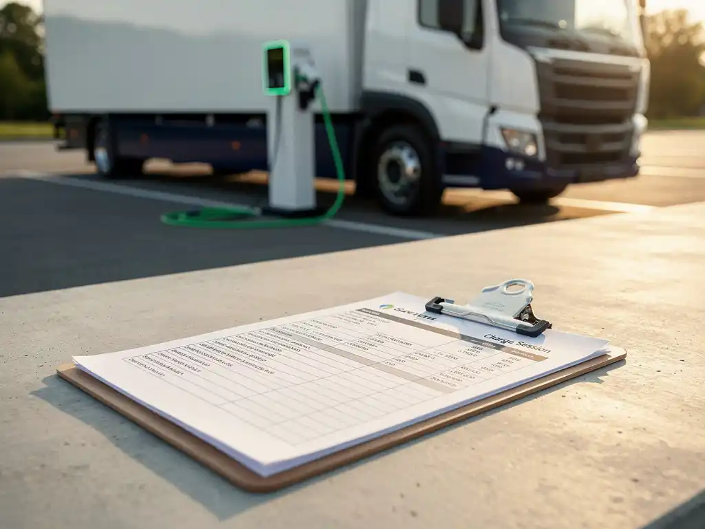 Administratief klembord met laadsessielogboeken naast een elektrische truck bij een modern laadstation in middaglicht.