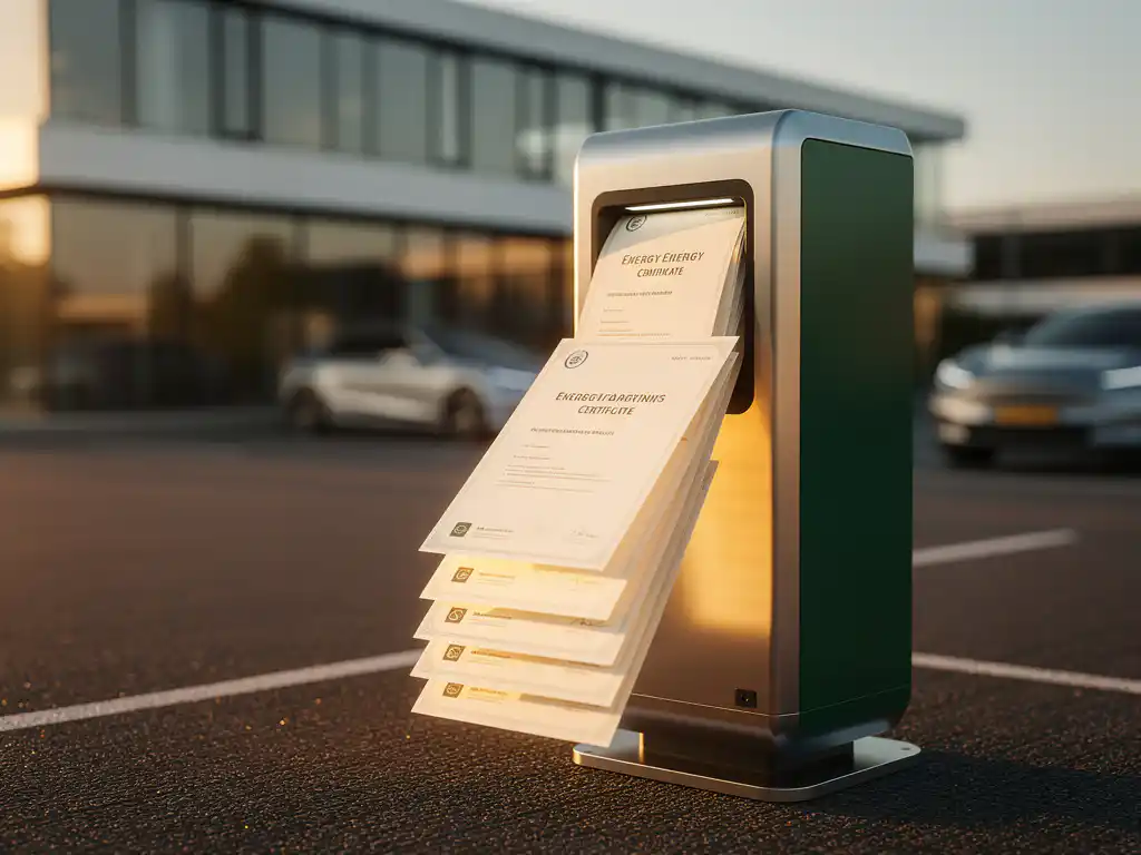 Oplichtende energiecertificaten boven een elektrisch laadstation op een modern Nederlands bedrijventerrein in warm middaglicht.