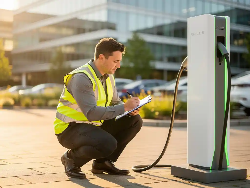 Technicus in veiligheidsvest inspecteert een wit EV-laadstation met klembord, zakelijk park op de achtergrond in gouduur licht.