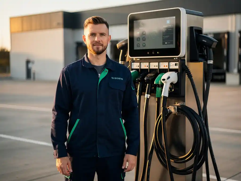Installateur in werkkleding bij een modern EV-laadstation met geïntegreerde kabelaansluitingen op een industrieel voorterrein.
