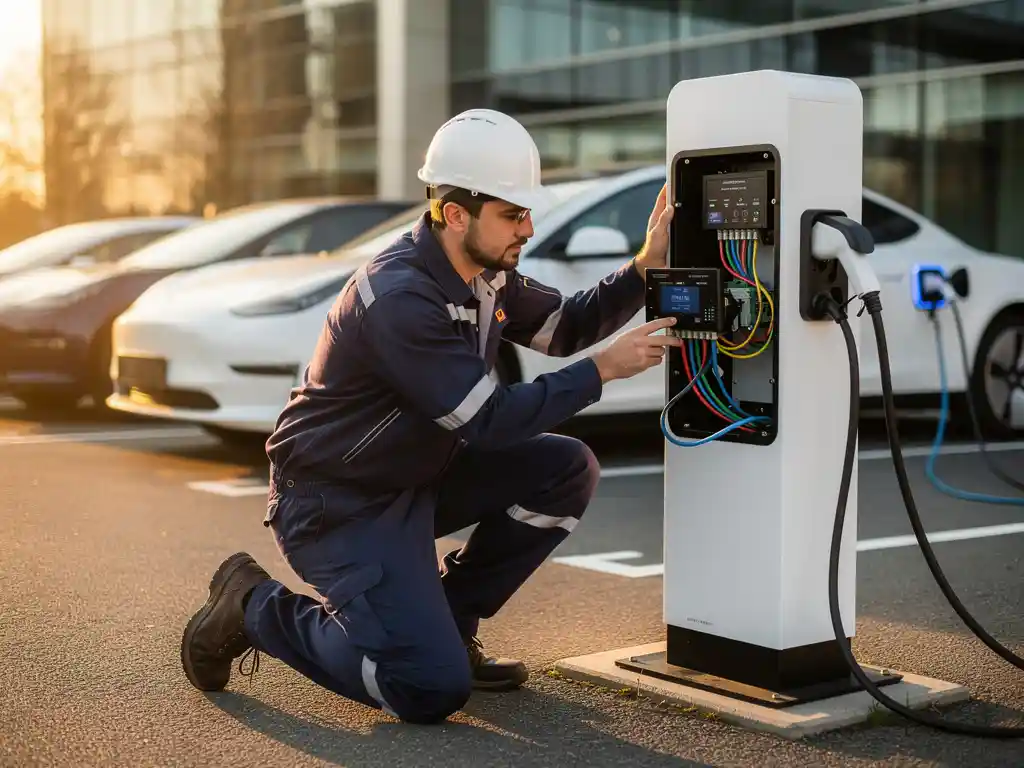 Elektricien installeert wit EV-laadstation op bedrijfsparkeerplaats, met elektrische auto's op de achtergrond in middaglicht.