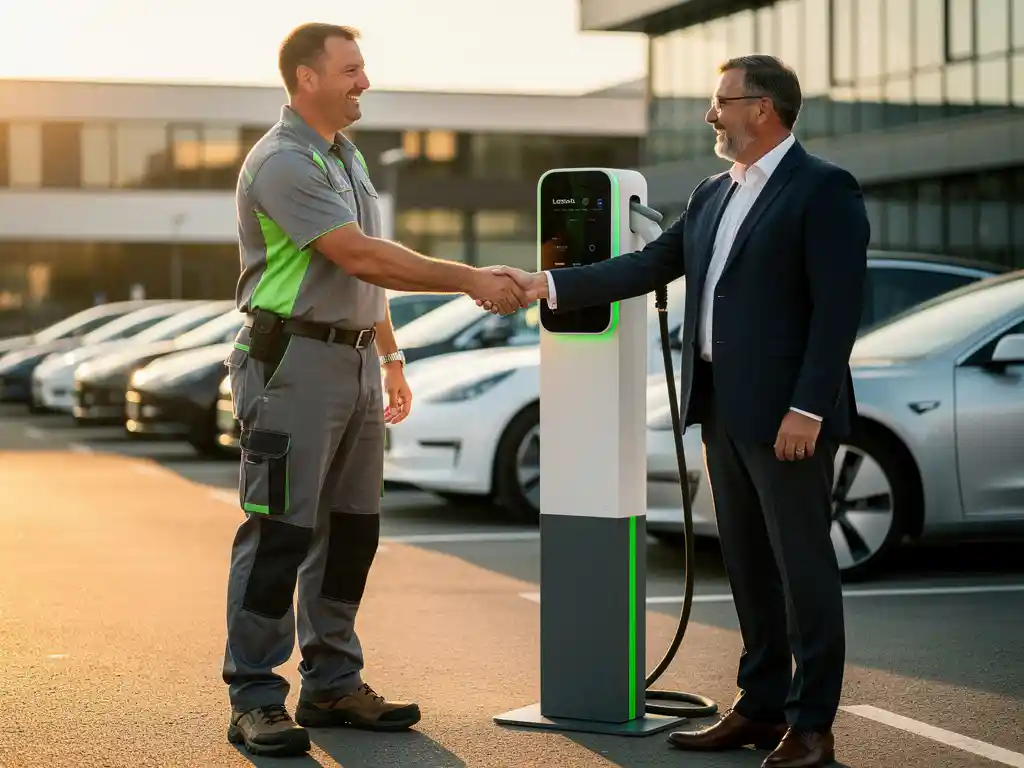 Installateur en zakenpartner schudden handen bij een nieuw geplaatst EV-laadstation op een bedrijfsterrein, elektrische auto's op achtergrond.
