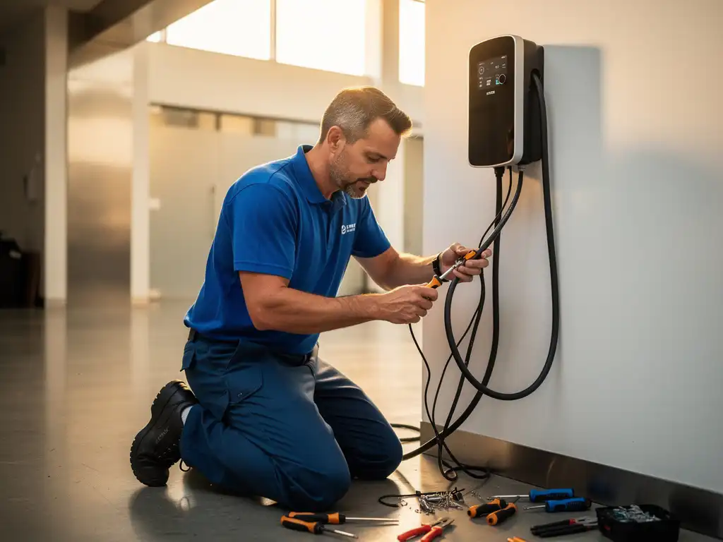 Elektricien installeert professioneel bekabeling bij een wandgemonteerd EV-laadstation in een modern commercieel gebouw.