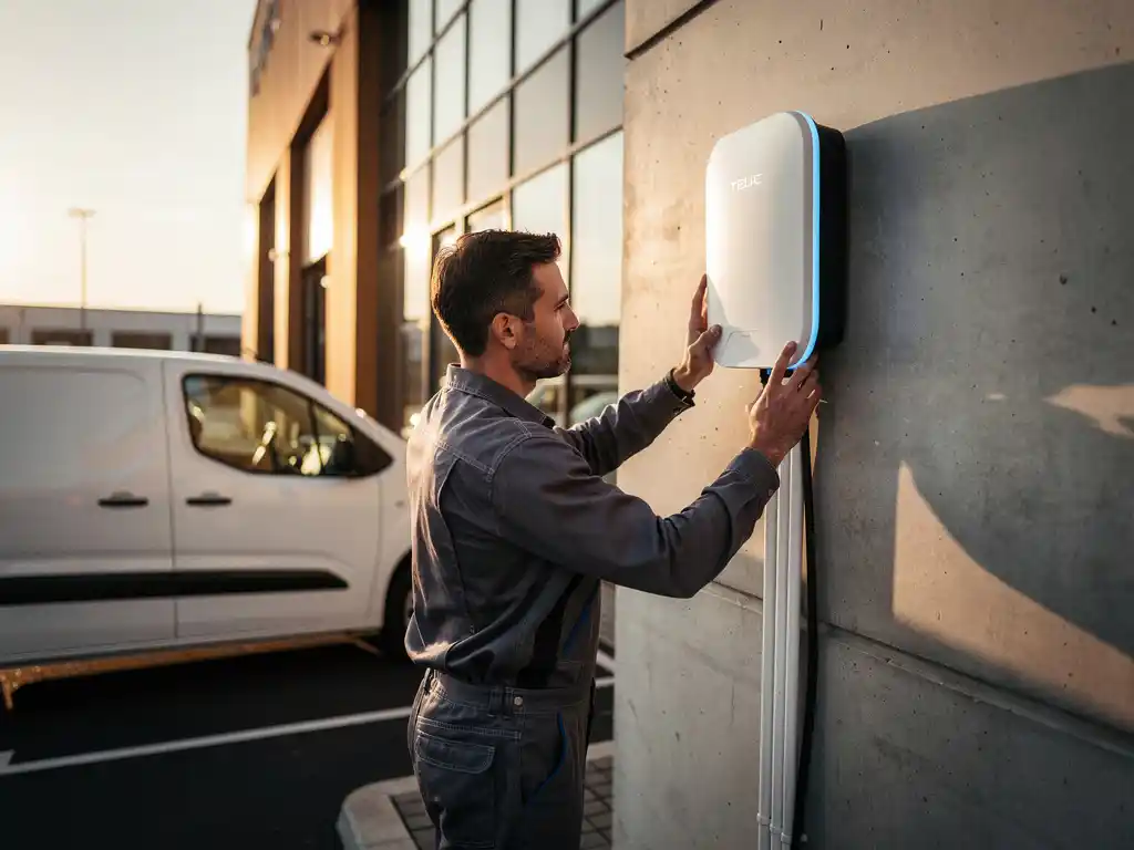 Elektricien monteert witte EV-laadpaal op commercieel gebouw, witte elektrische bestelwagen geparkeerd op de achtergrond.