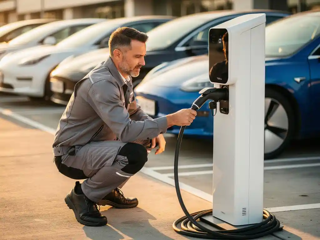 Elektricien sluit kabel aan op wit EV-laadstation bij moderne commerciële parkeerplaats tijdens gouden uur.