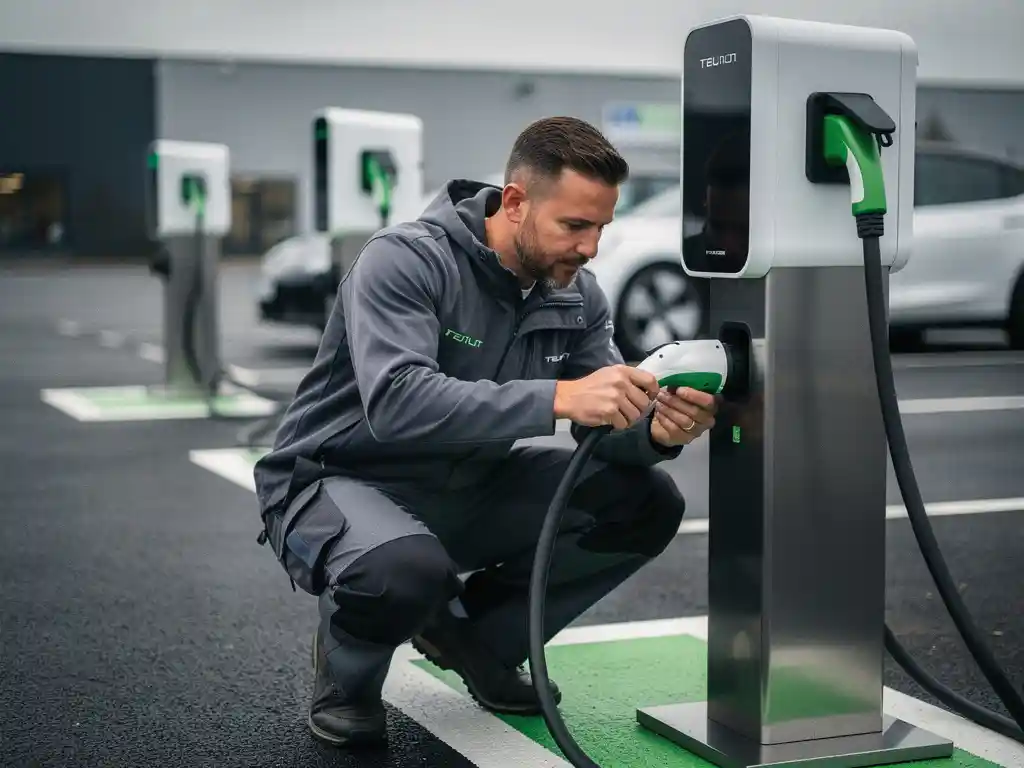 Elektricien in werkuniform sluit kabels aan op een modern EV-laadstation op een commercieel terrein, overige laadpalen zichtbaar op achtergrond.