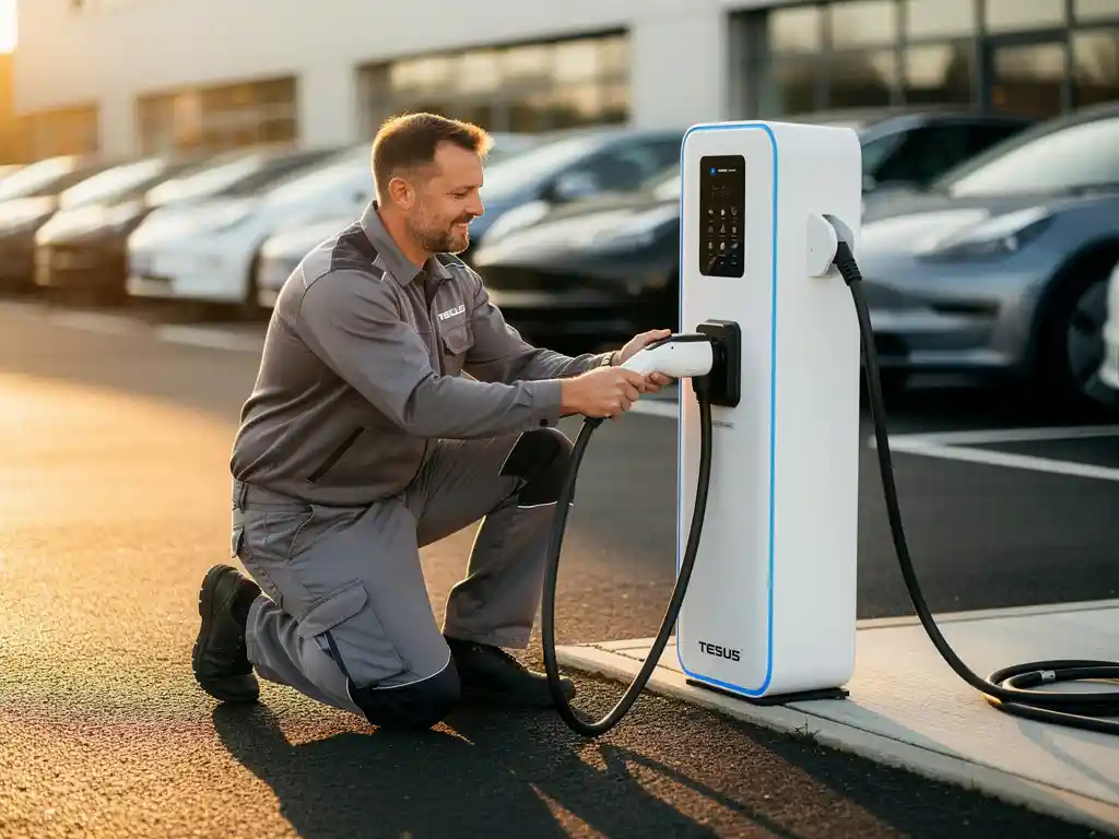Elektricien sluit kabel aan op nieuw geïnstalleerd wit EV-laadstation in commerciële parkeergarage, zacht middaglicht.
