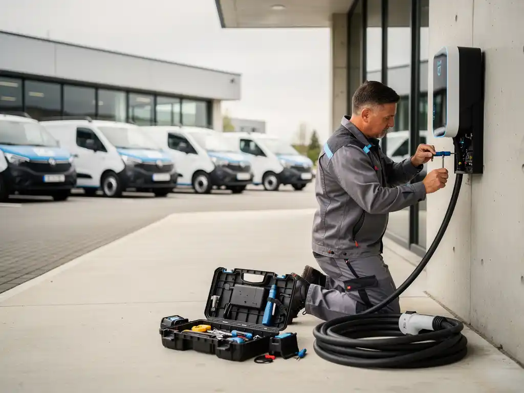 Elektricien installeert een EV-laadstation op de gevel van een commercieel gebouw, met elektrische bestelwagens op de achtergrond.