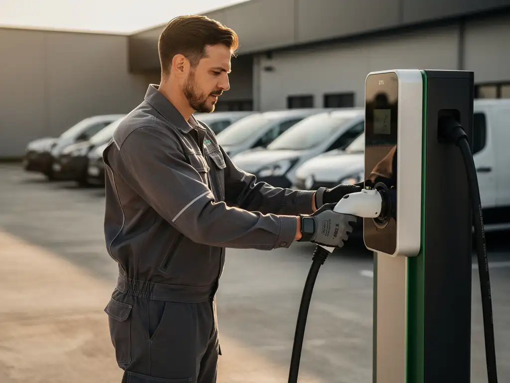 Technicus sluit zware EV-laadkabel aan op commercieel laadstation met vloot elektrische bestelwagens op achtergrond.