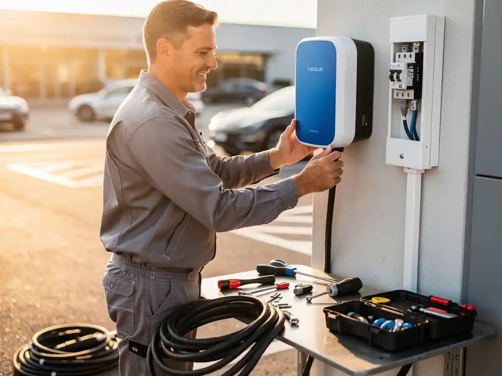 Installateur sluit EV-laadpaal aan op elektrisch paneel in verlichte commerciële parkeergarage, gereedschap netjes gerangschikt.