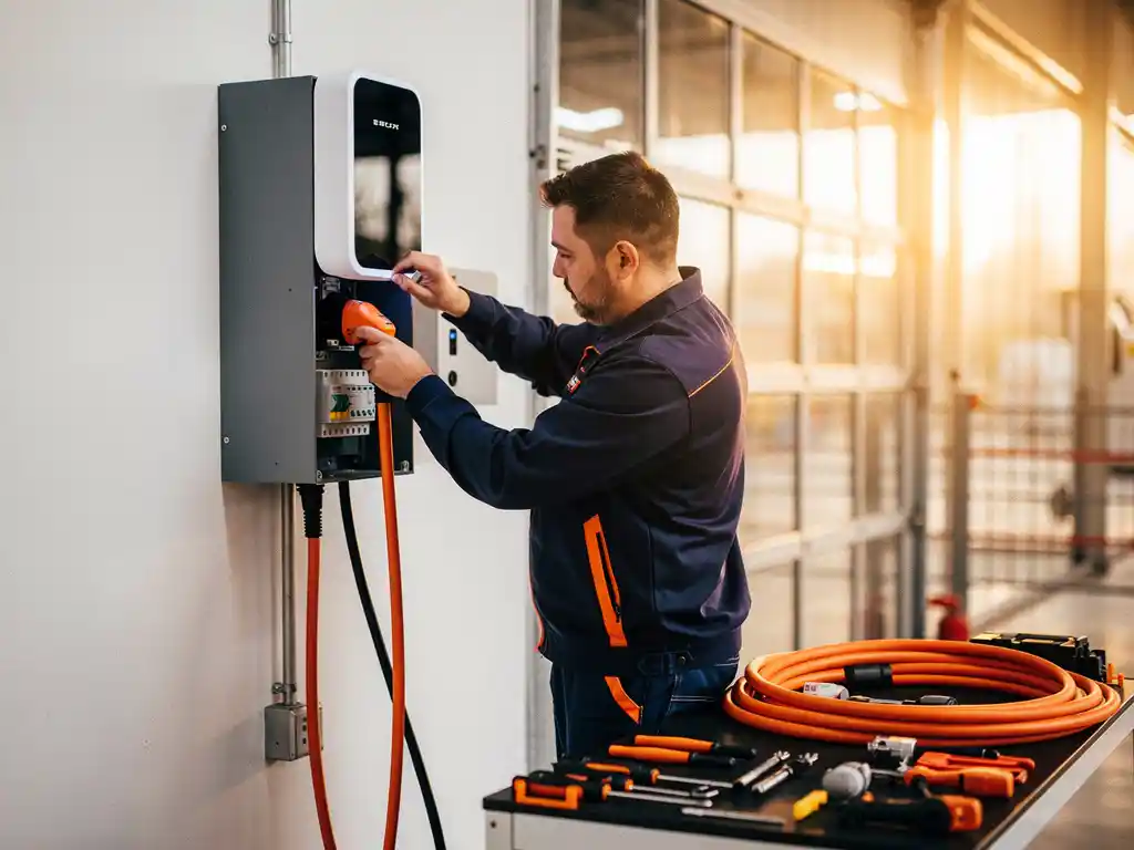 Installateur verbindt witte EV-laadpaal met elektrisch paneel in commercieel gebouw, oranje kabels en gereedschap nabij.