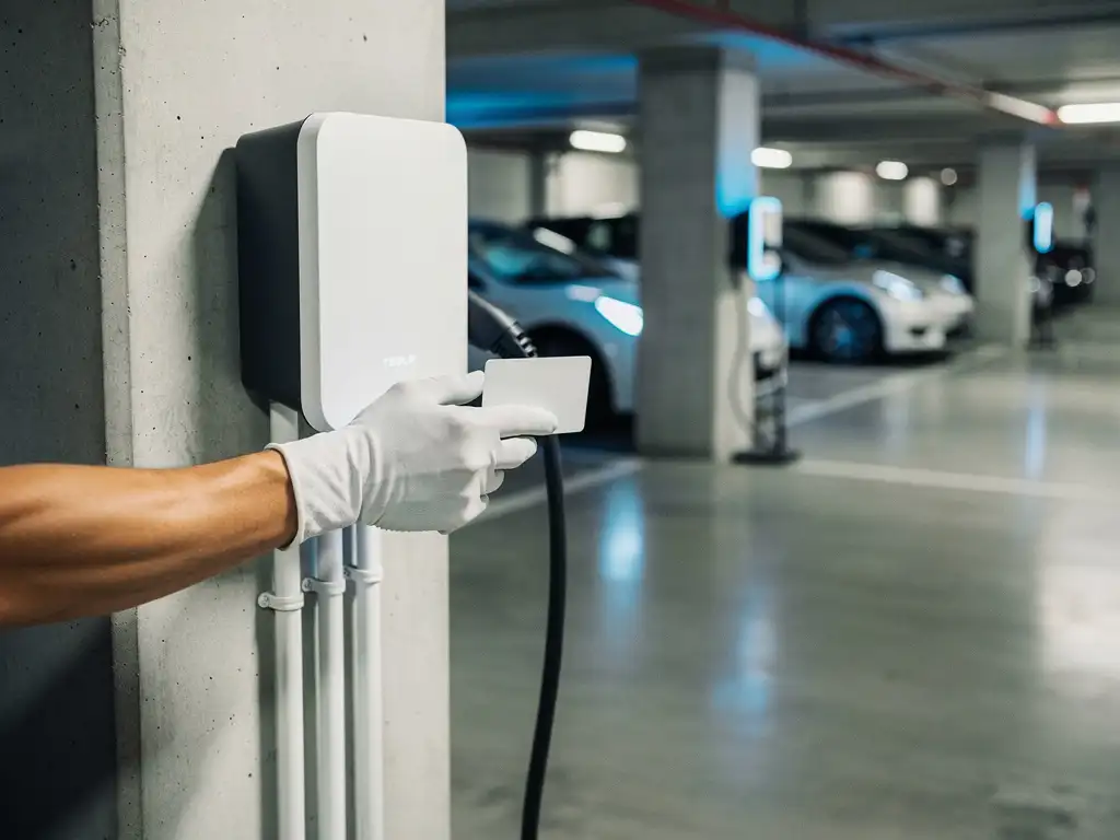 Gehandschoende hand monteert witte EV-laadpas op wandlader in parkeergarage met elektrische voertuigen op de achtergrond.
