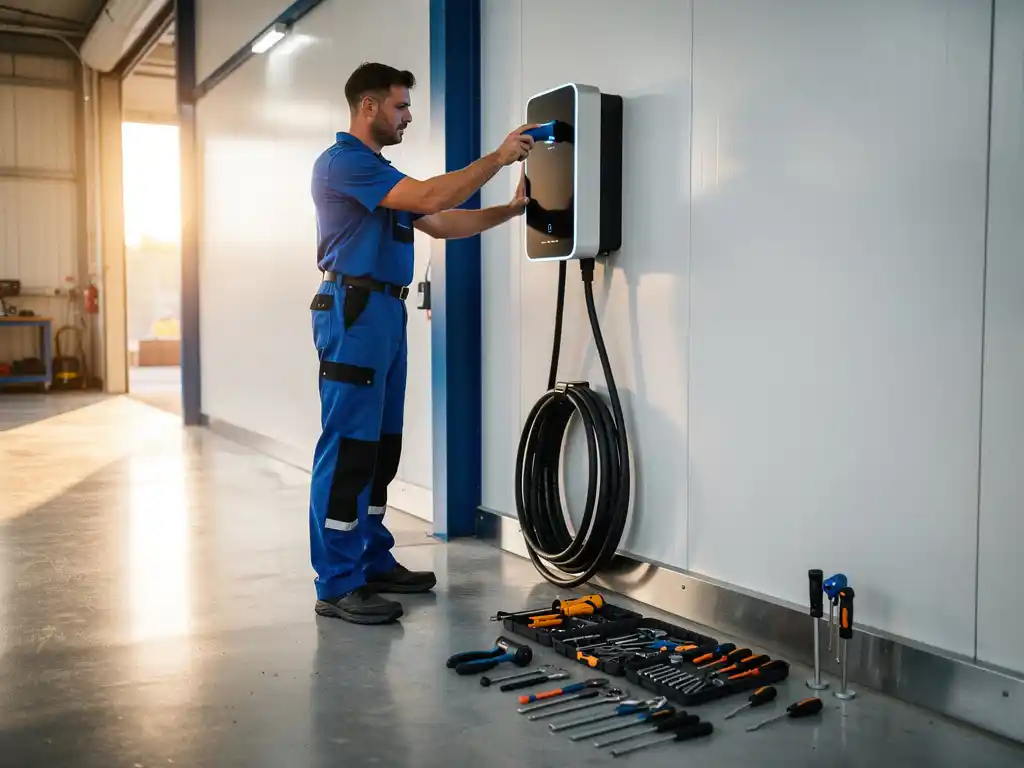 Technicus installeert een moderne EV-laadpaal op een industriële muur, met netjes georganiseerde kabels en gereedschap op de vloer.