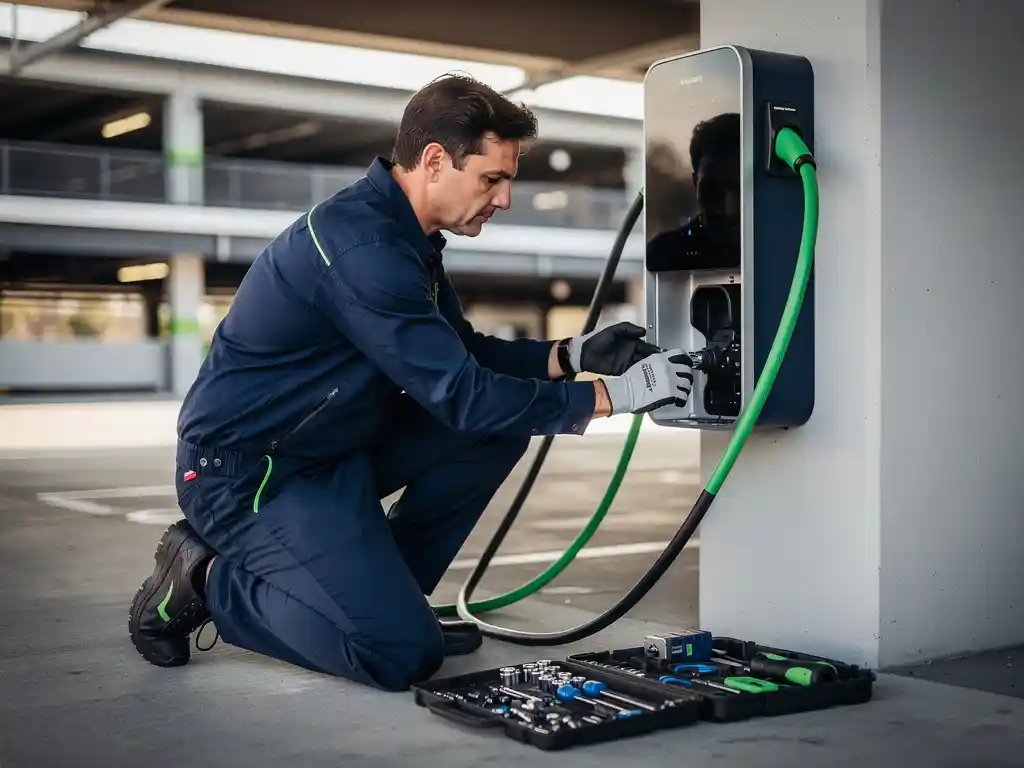 Technicus installeert een wandgemonteerd EV-laadstation in een commerciële parkeergarage, gereedschap op de grond.