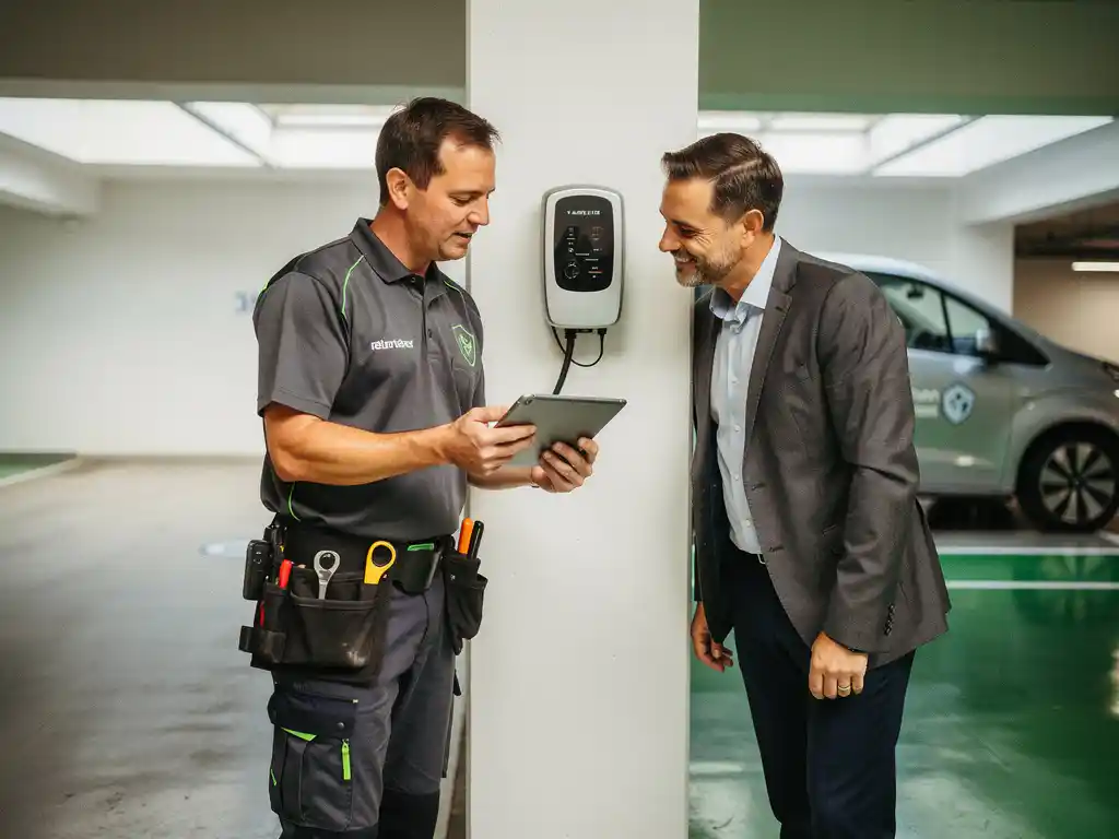 Installateur en zakelijke klant bespreken laadplan bij gemonteerde wandlader in moderne commerciële garage met elektrische bestelbus op achtergrond.