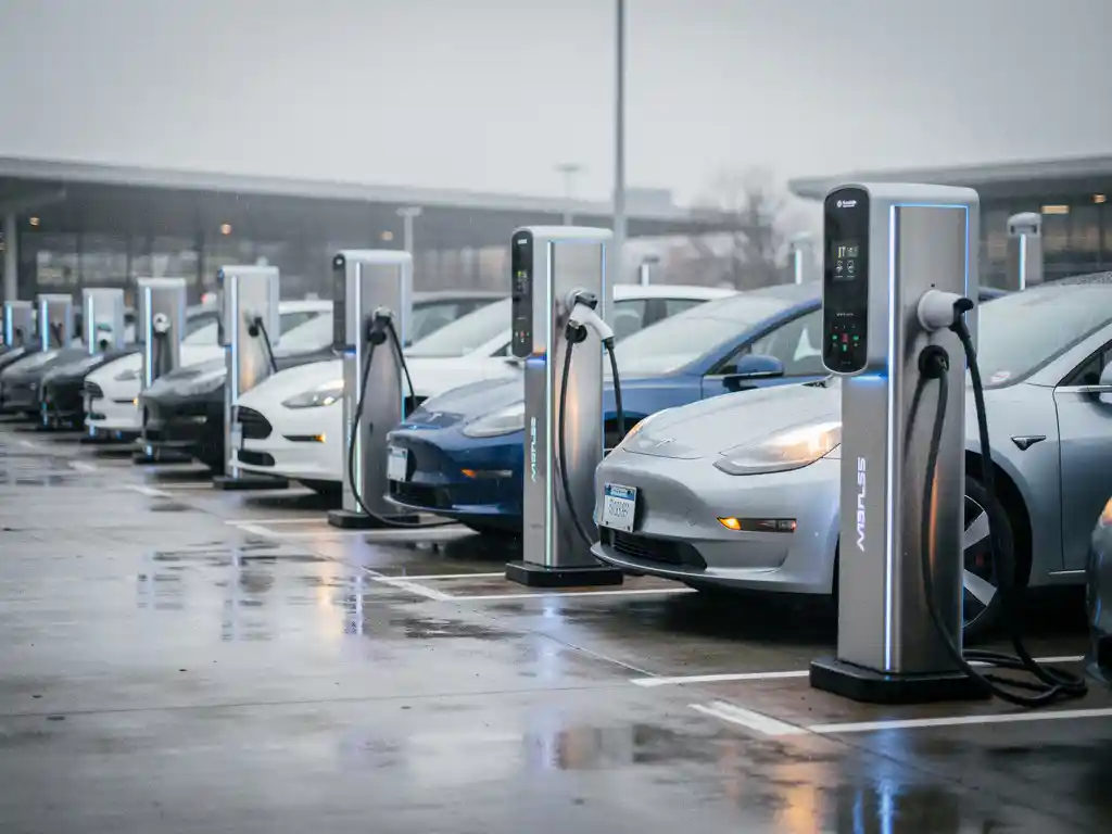 Drukbezet laadplein met elektrische voertuigen aan blauwe laadpalen, wachtende auto's op de achtergrond, overcast daglicht.