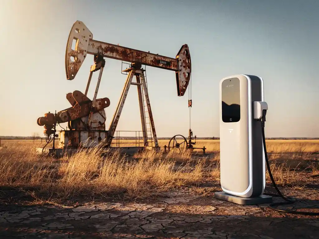Verouderde oliepomp naast een wit laadstation voor elektrische voertuigen in een zonnig veld, gouden middaglicht op droog gras.