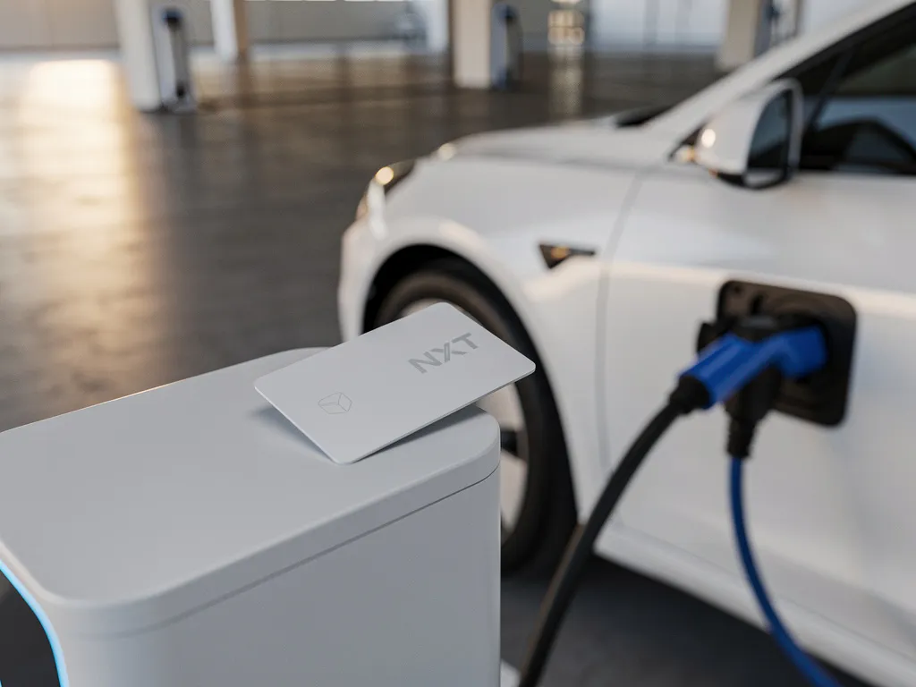 Witte NXT-laadpas op een modern EV-laadstation met aangesloten kabel en geparkeerde elektrische auto op de achtergrond.