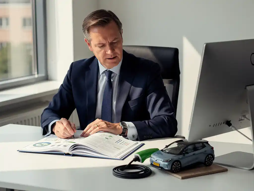 Nederlandse overheidsfunctionaris bestudeert regelgevingsdocument aan modern bureau met elektrisch voertuigmodel en laadkabel.