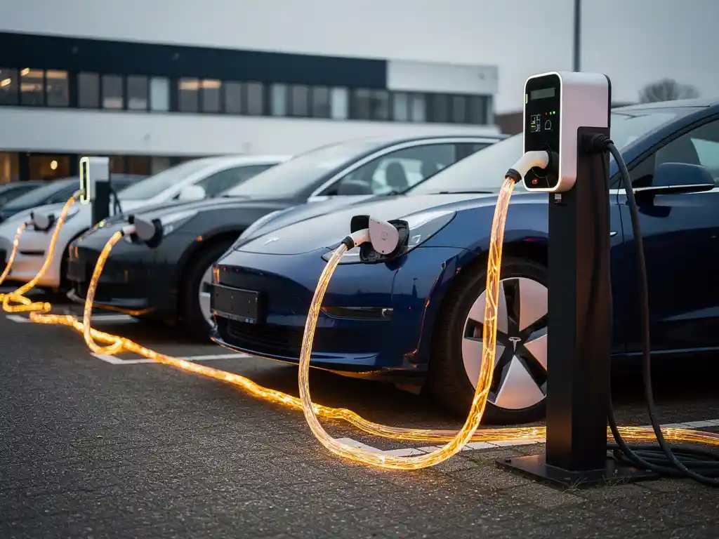 Slim laadstation met meerdere elektrische auto's aangesloten in Nederlandse parkeergarage, gloeiende oplaadkabels in amberkleurig licht.