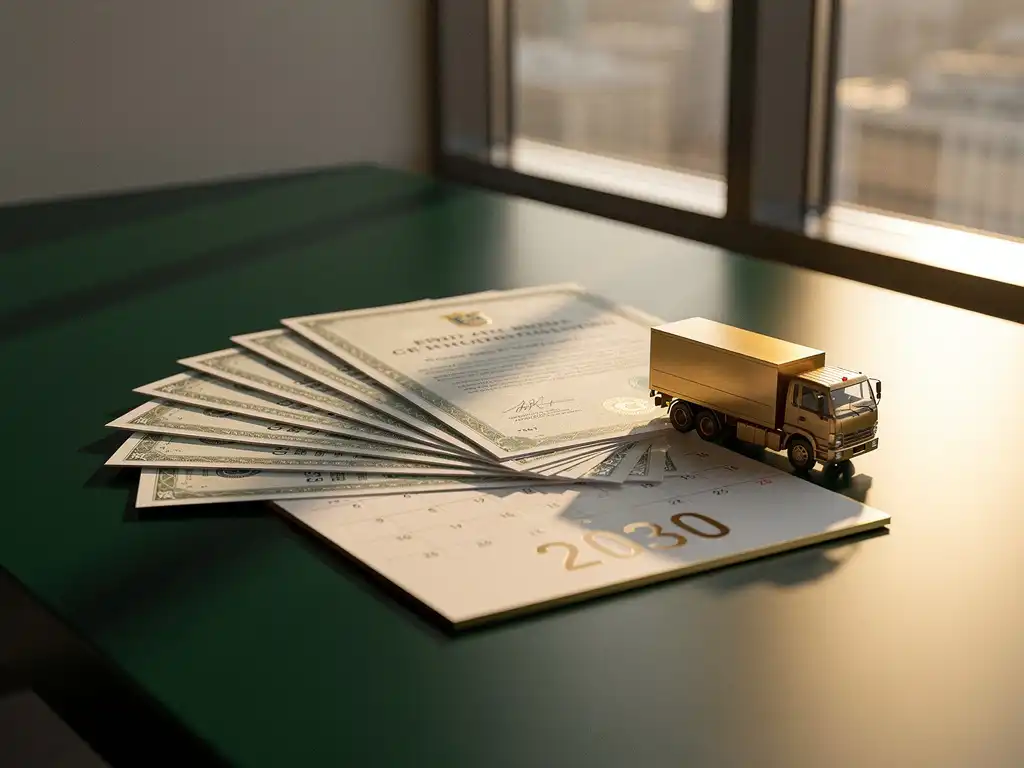 Stapel emissiereductiecertificaten op modern bureau naast miniatuur elektrische vrachtwagen, kalender 2030 zichtbaar, warm natuurlijk licht.