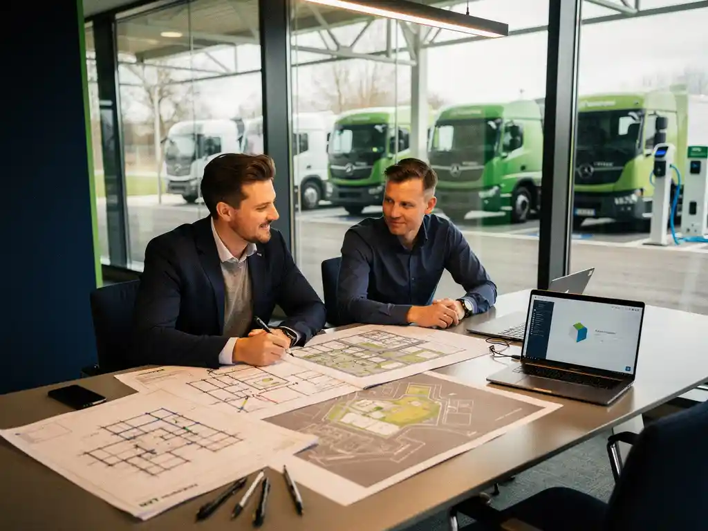 NXT Mobility-adviseur en wagenparkbeheerder bespreken locatieplannen aan vergadertafel, elektrische trucks en laadinfrastructuur zichtbaar op achtergrond.