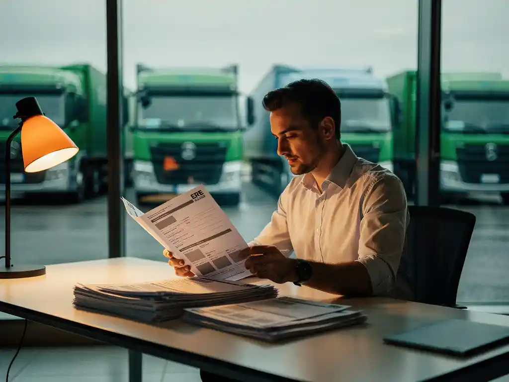 Vlootbeheerder in modern logistiek kantoor met ERE-certificaten, elektrische vrachtwagens zichtbaar door raamwand op de achtergrond.