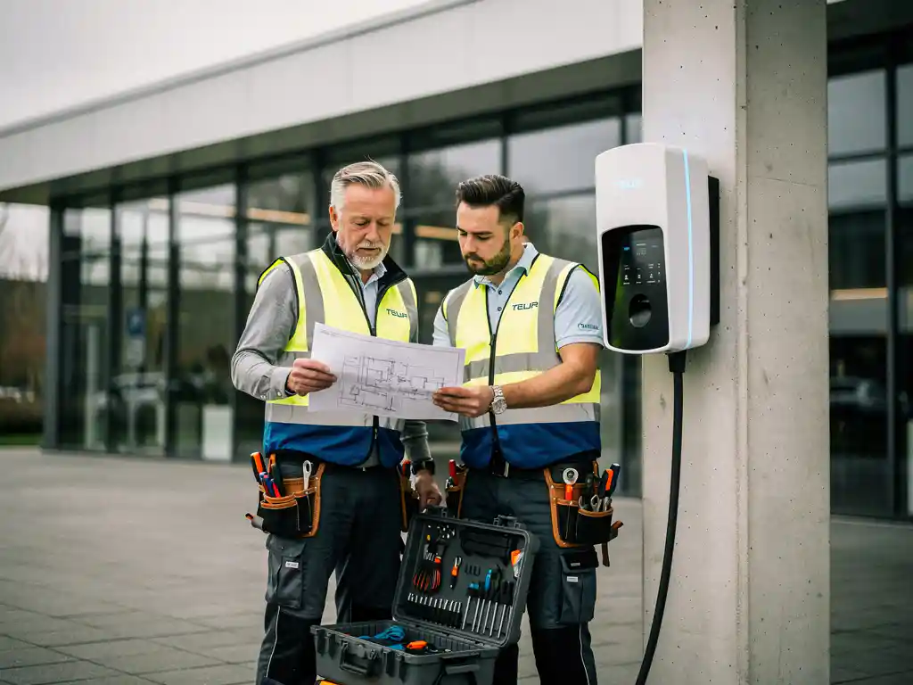 Elektricien en laadinfrastructuurspecialist bekijken installatieplannen naast een commercieel EV-laadstation op een bedrijfsterrein.