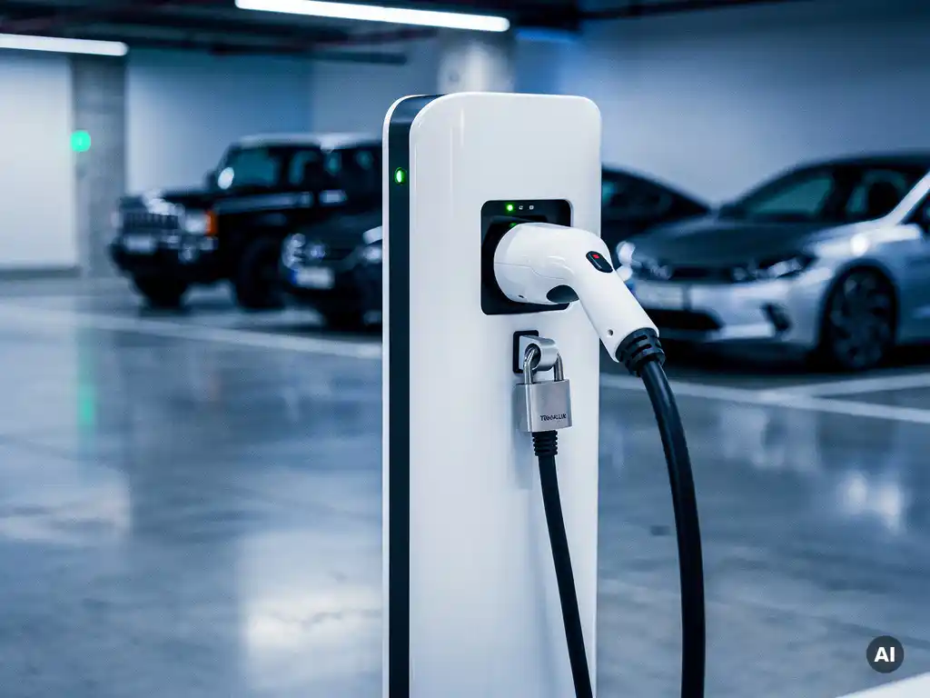 Wit elektrisch laadstation met beveiligde kabelconnector in moderne parkeergarage met blauw omgevingslicht.