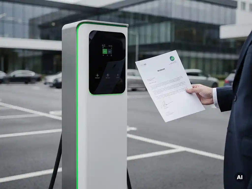 Elektrisch laadstation op bedrijvenparkeerplaats met zakenman die contractdocument vasthoudt, moderne zakelijke sfeer.