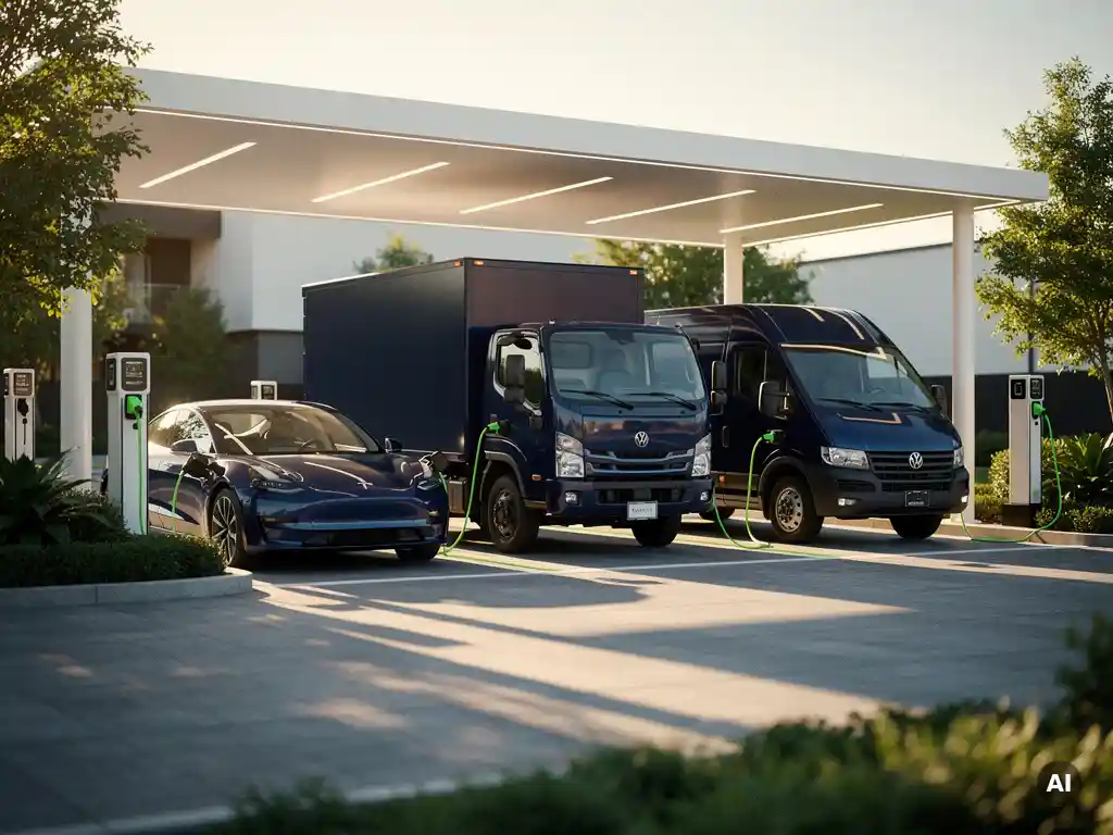 Elektrische auto, vrachtwagen en bestelbus opladen tegelijk bij modern laadplein met wit afdak en groen landschap in avondlicht.
