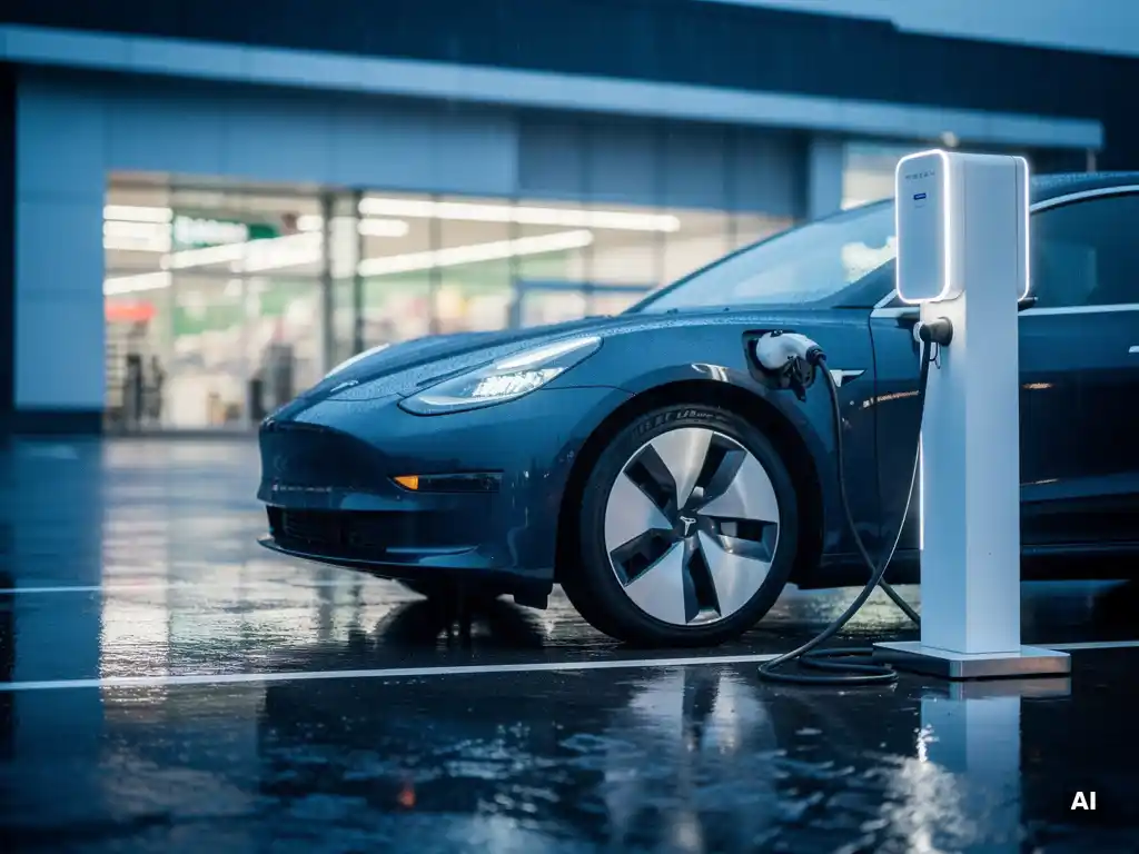 Elektrische auto aangesloten op wit laadstation bij supermarkt, regennat asfalt met blauwe lichtreflecties in avondsfeer.
