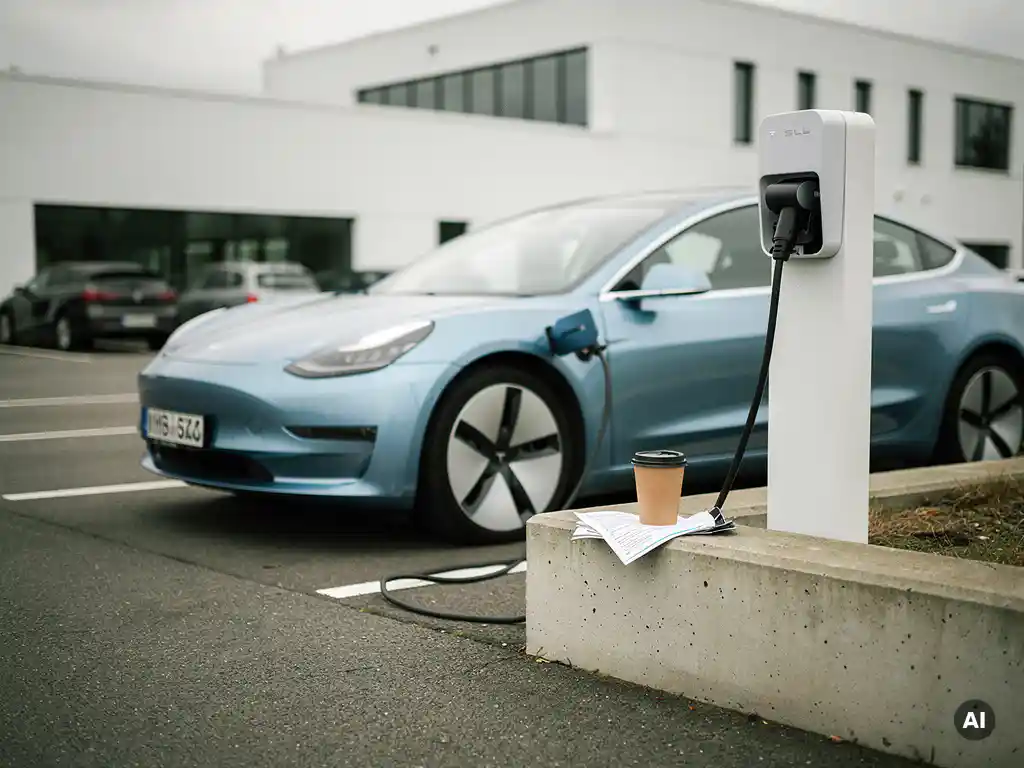 Elektrisch voertuig aangesloten op wit laadstation op bedrijfsparkeerplaats, met abonnementscontract op betonnen richel.