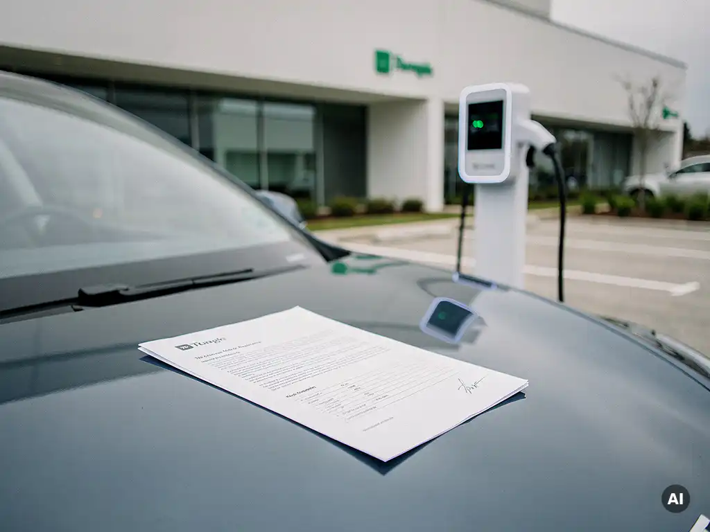 Elektrisch voertuig aangesloten op wit laadstation bij bedrijfsparkeerplaats, met getekend contract op de motorkap.