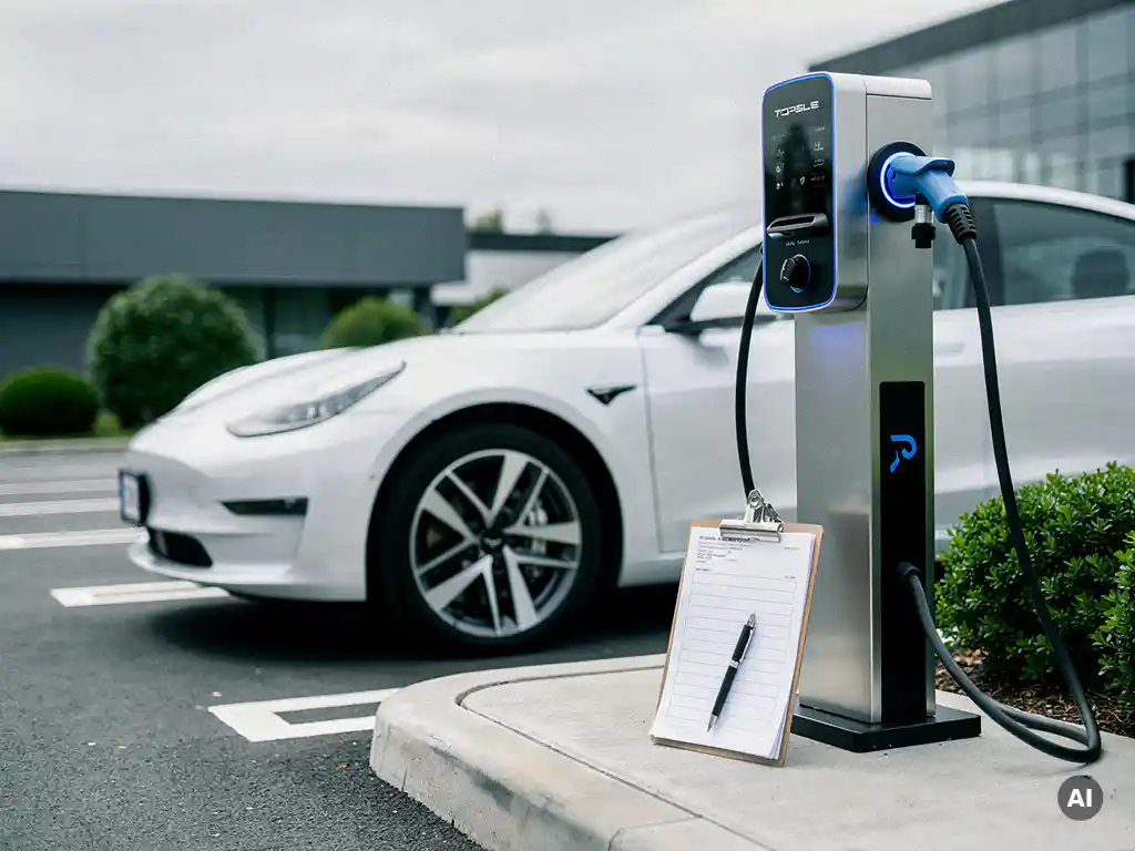 Wit elektrisch voertuig aangesloten op commercieel laadstation met klembord op bedrijfsparkeerplaats.