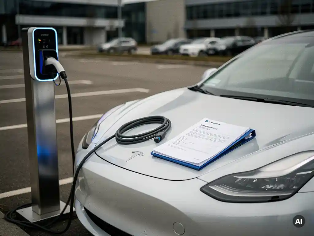Witte elektrische auto aangesloten op laadstation op bedrijfsparkeerplaats, met servicecontractmap op de motorkap.