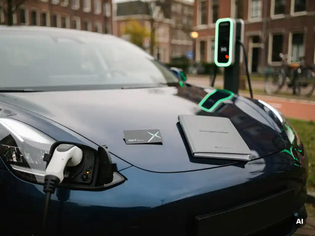Elektrisch voertuig oplaadend bij modern laadstation met NXT-laadpas en abonnementsmap op de motorkap, stedelijke omgeving.