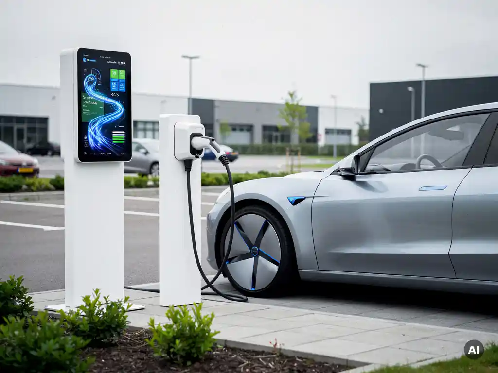 Elektrisch voertuig dat oplaadt bij een wit laadstation op een Nederlandse parkeerplaats, met digitale energiemeter en blauwtinten.