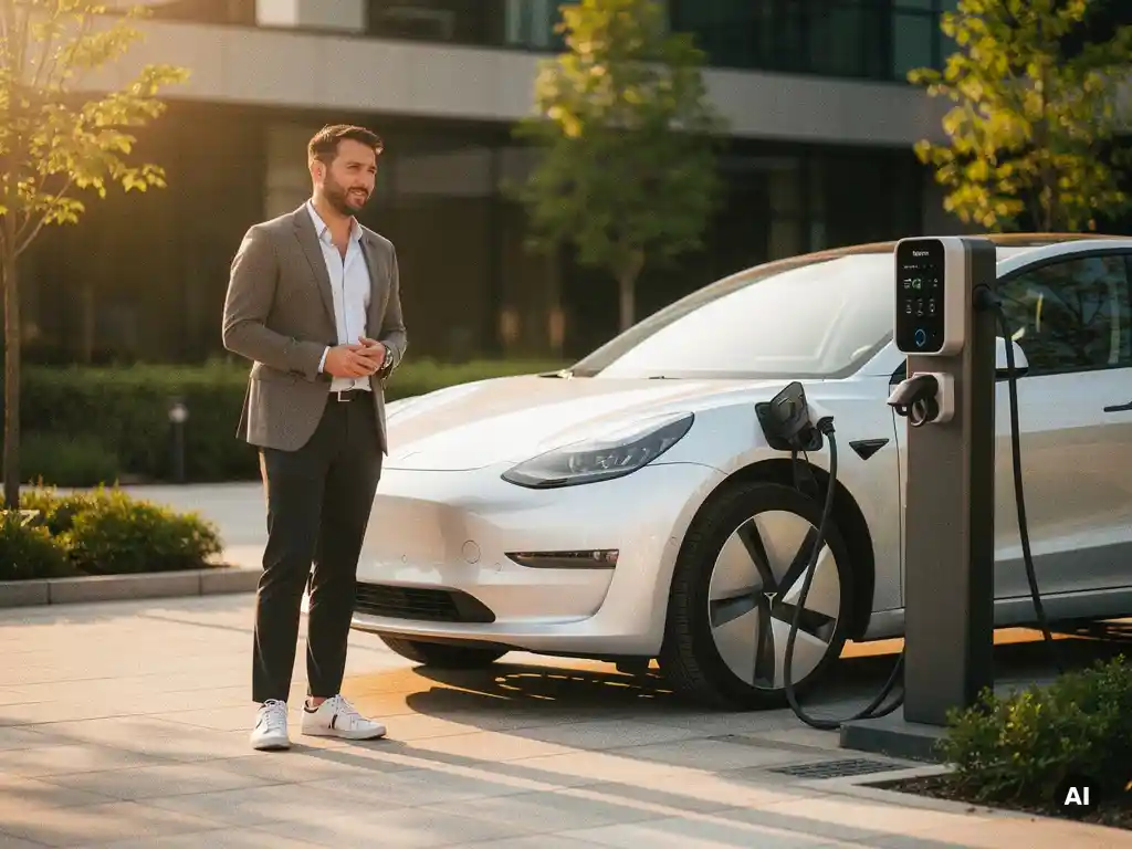 Witte elektrische auto bij modern laadstation, zakelijke eigenaar in smart-casual kleding op de achtergrond, gouden-uursbelichting.