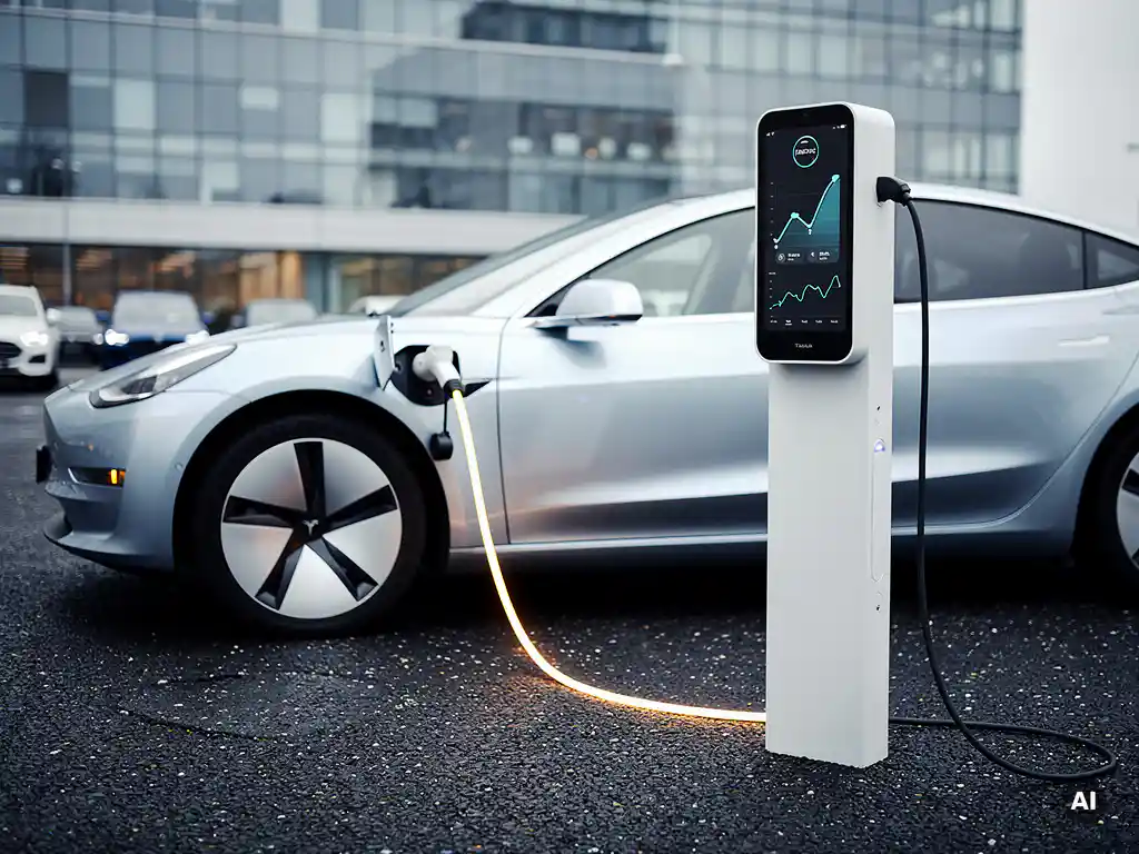 Elektrisch voertuig aangesloten op wit laadstation op bedrijfsparkeerterrein, met digitaal datapaneel en blauwe accenten in zacht daglicht.