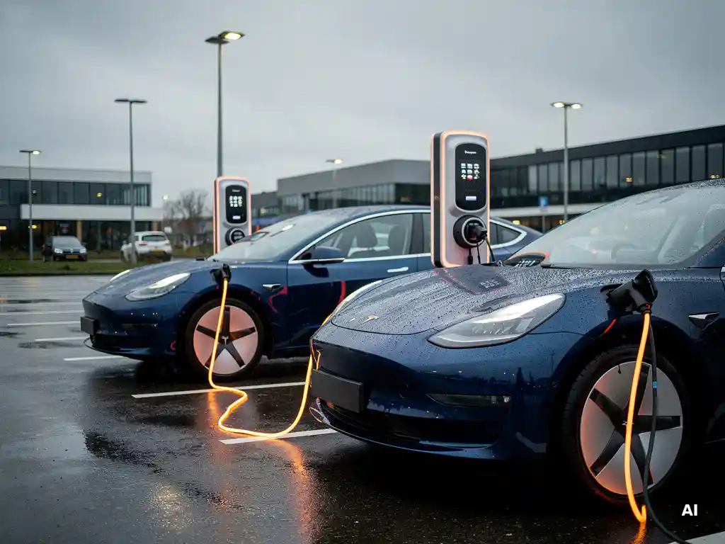 Elektrisch voertuig laadt op bij een DC-snellader naast een EV aan een AC-wallbox in Nederlandse parkeerplaats.