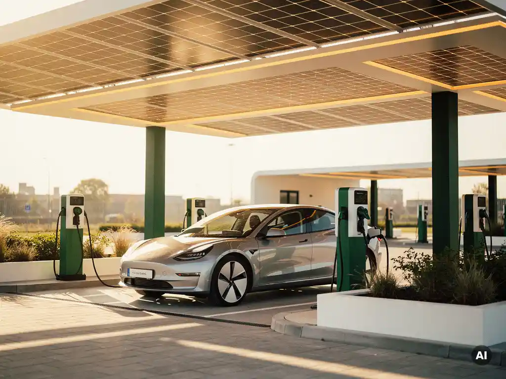 Elektrisch voertuig oplaadend onder zonnepanelen bij een modern Nederlands energiehub, met gouden middaglicht en geometrische schaduwen.