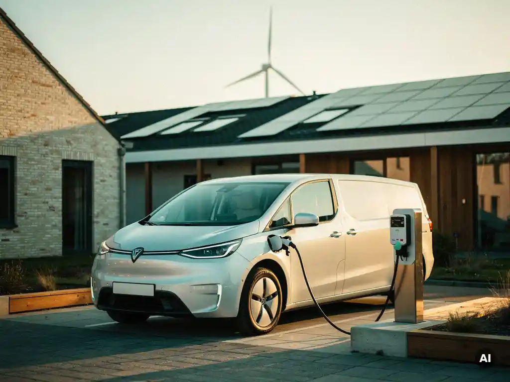 Witte elektrische bestelbus aangesloten op snellader in Nederland, zonnepanelen op dak, windmolen op achtergrond, gouden middaglicht.