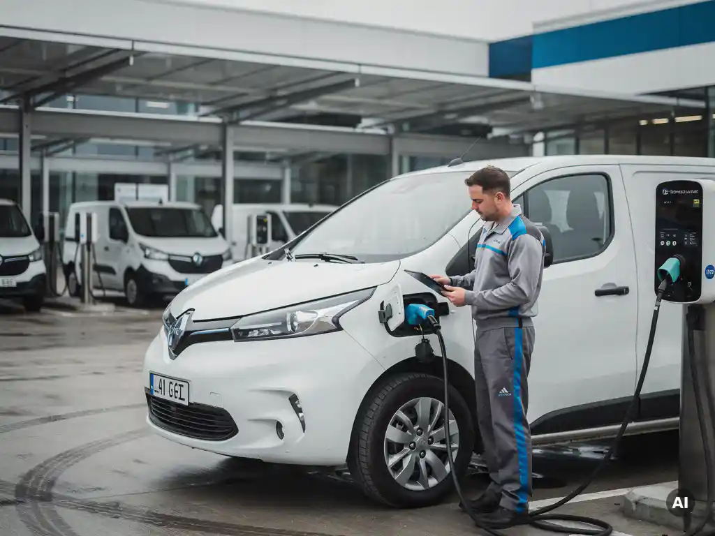 Technicus inspecteert laadpoort van witte elektrische bestelwagen op modern zakelijk laadstation bij bewolkt daglicht.