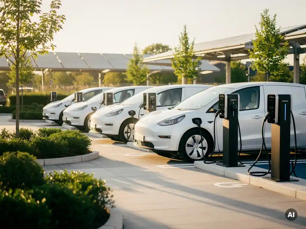 Witte elektrische bestelwagens opgeladen bij modern bedrijfslaadplein met zonnepanelen en groen in de achtergrond.