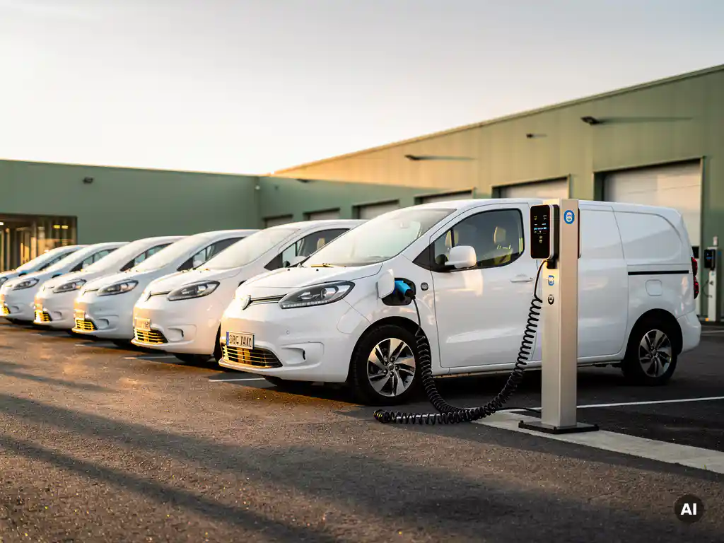 Witte elektrische bestelwagens in modern depot, één aangesloten op laadstation met spiraalvormige kabel, gouden avondlicht.